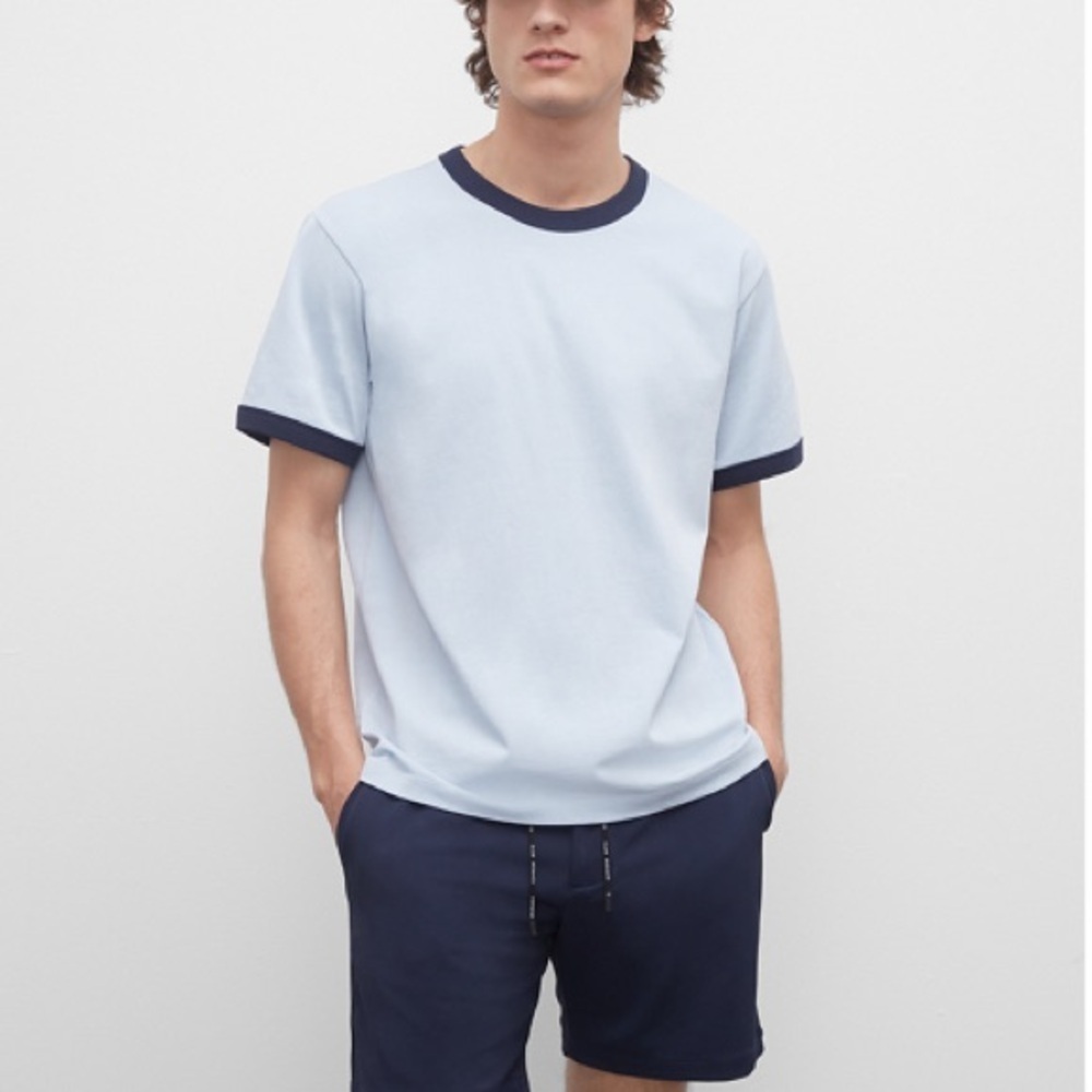 Club Monaco Relaxed Ringer Tee Mens Medium Light Blue Tee with Dark Blue Trim